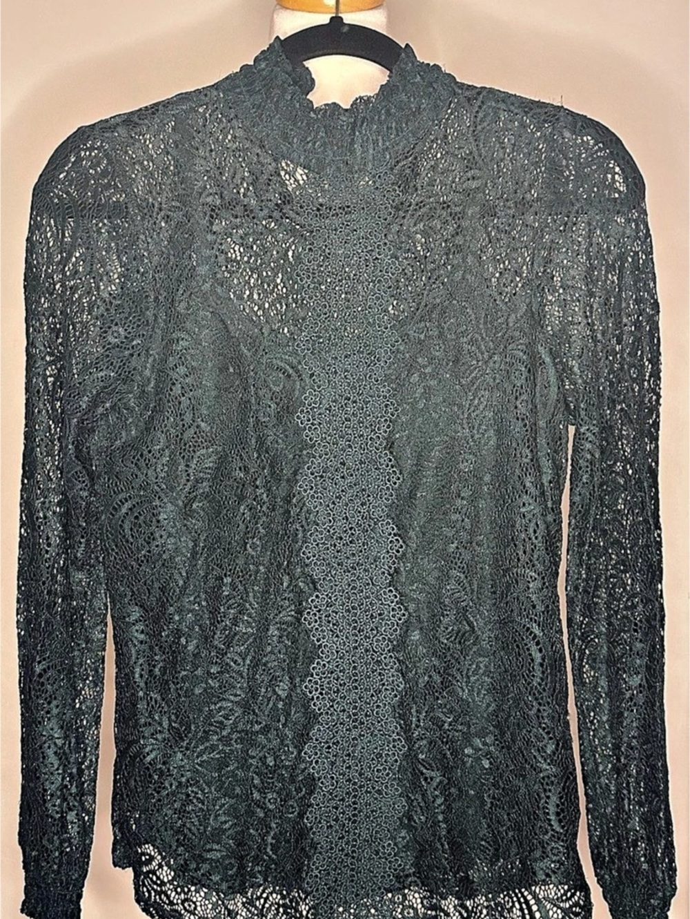 cable & gauge Ruffle Lace Stretch Mock Neck Top Floral Long Sleeve Top Dark Gree